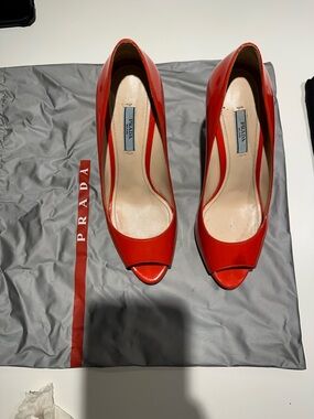 Prada Red Patent Leather Peep-Toe Pumps